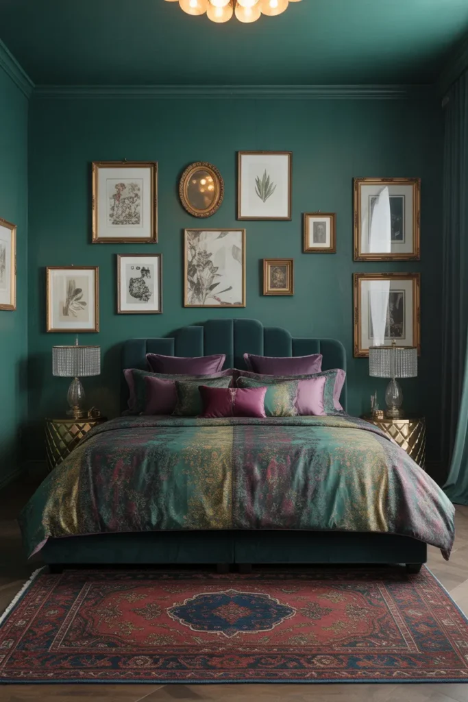 . Deep emerald green walls. Jewel-toned bedding in emerald, gold, and burgundy pattern mix.