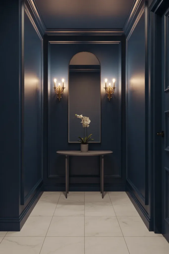 Deep navy blue walls with subtle sheen, white crown molding