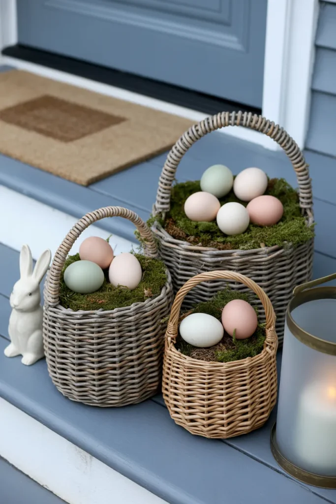 Dollar-Friendly Porch Display With Painted Eggs and Baskets