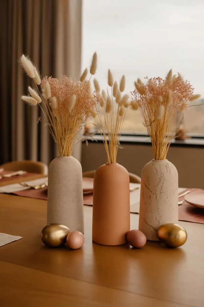 Each holds loose bouquets of dried pampas grass, bunny tail stems, and blush strawflowers