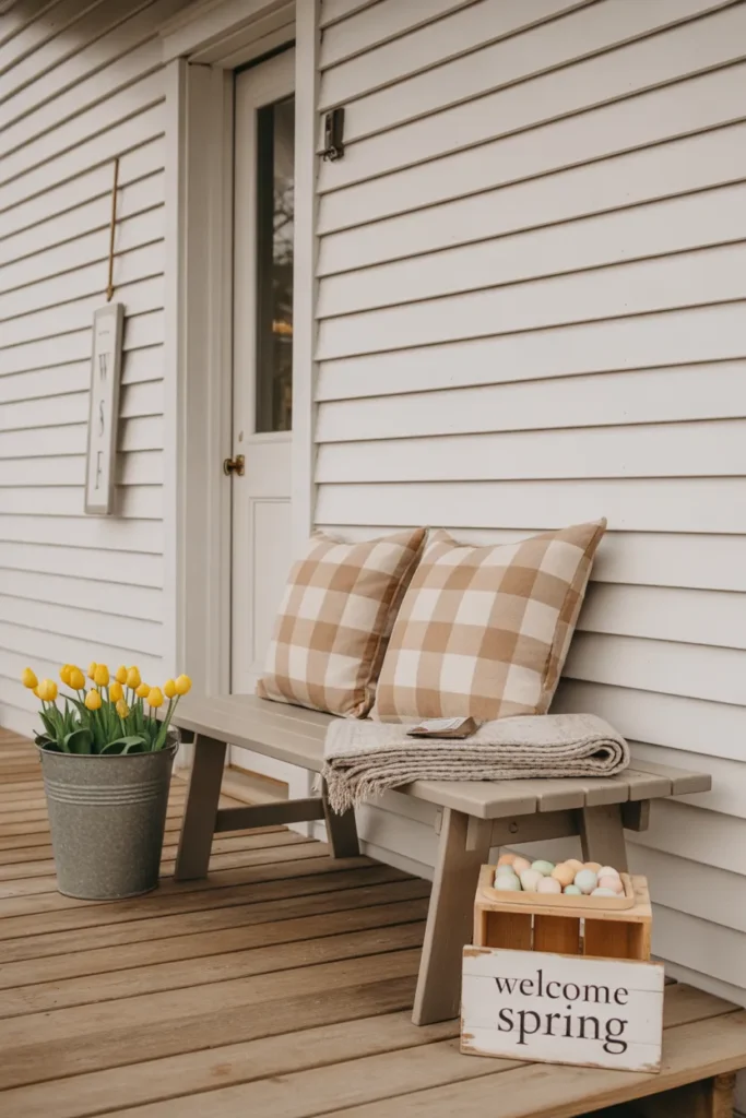 Farmhouse Porch With a Bench, Plaid Cushions, and Wooden Signs