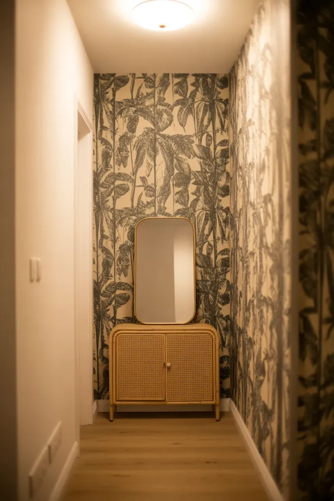 Feature wall covered in tall botanical wallpaper — dark green tropical leaves on cream background