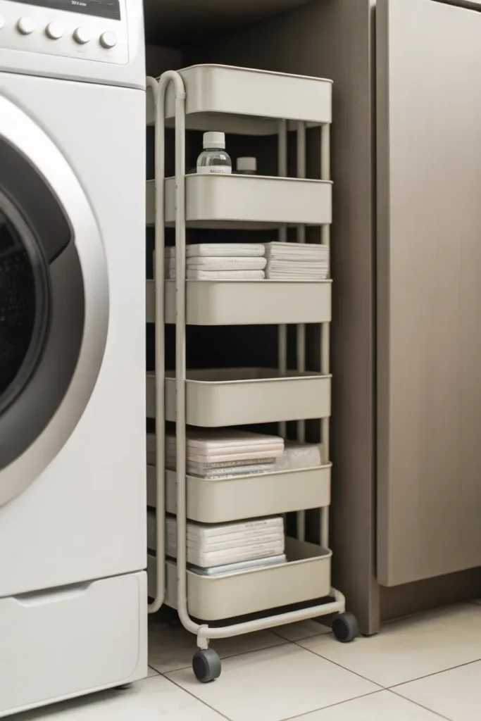 Five shelves holding small bottles and folded dryer sheets
