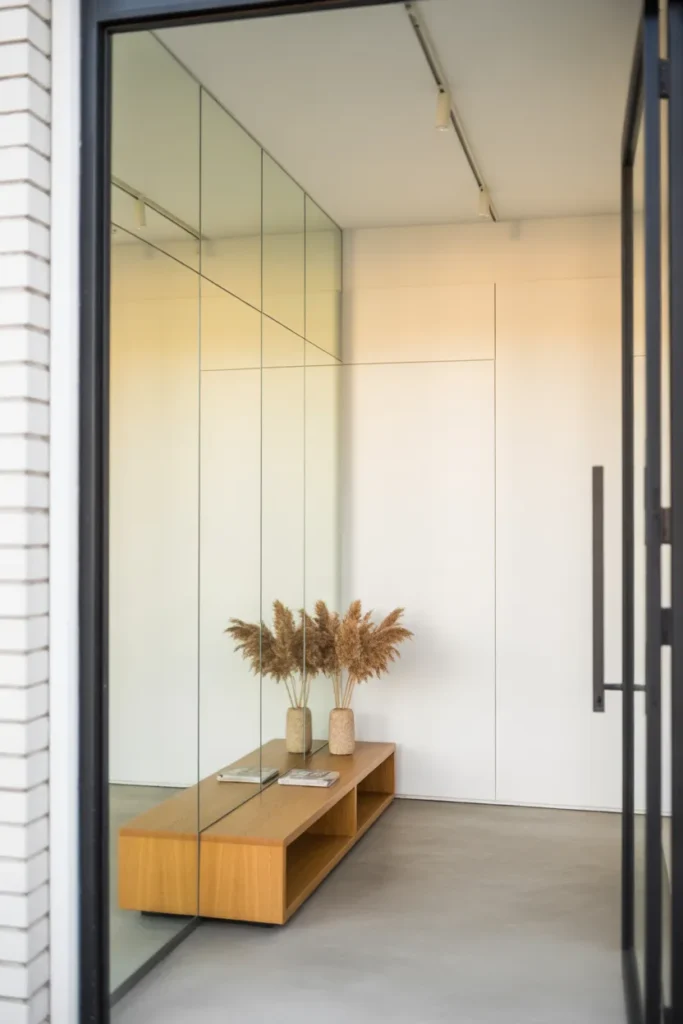 Floor-to-ceiling frameless mirror covering entire left wall