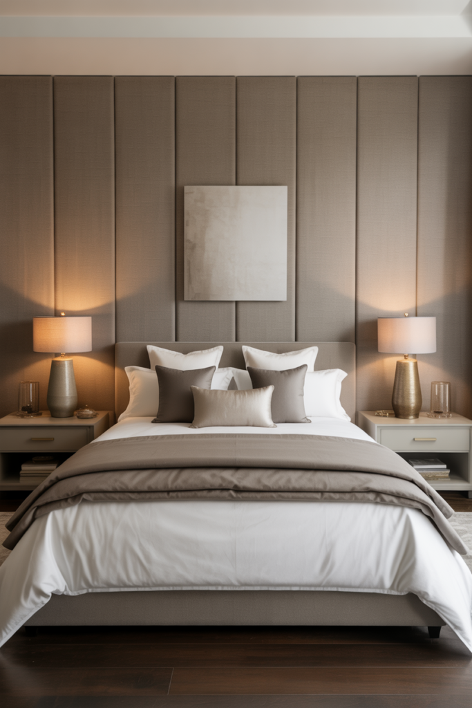 Floor-to-ceiling upholstered headboard wall panel in warm taupe linen fabric