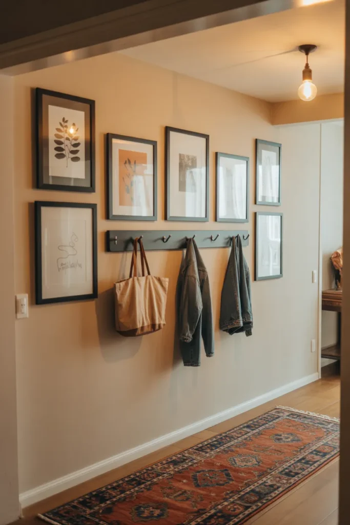 Gallery wall with 7 black-framed prints in varying sizes — botanical, abstract, and simple line art