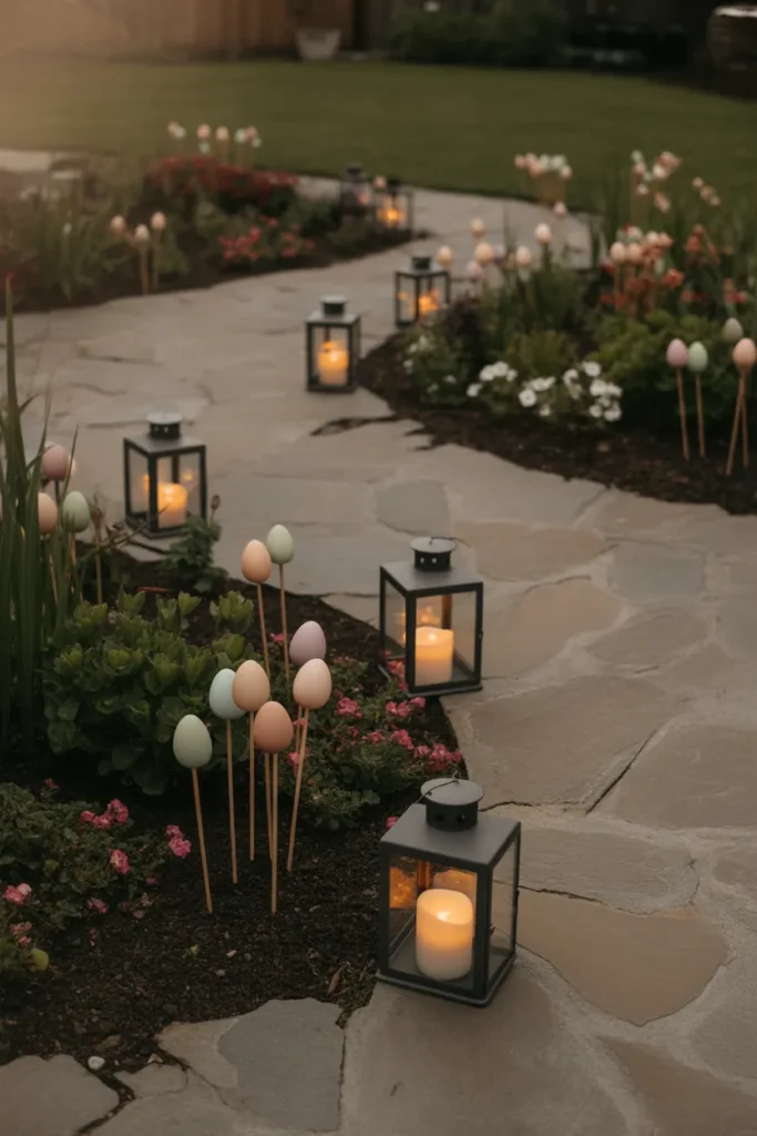 Garden Path With Lanterns and Egg Garden Stakes