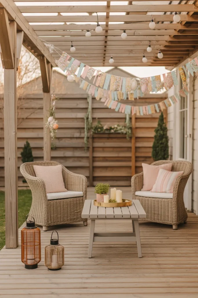 Garden Pergola or Patio With Spring Garlands and Lanterns