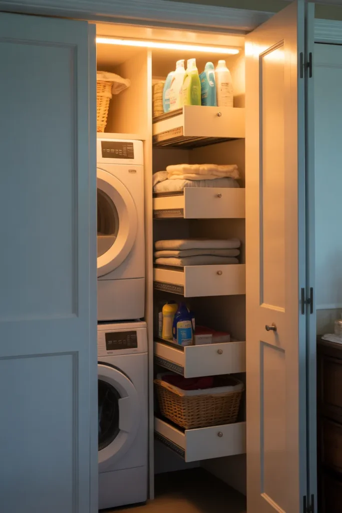 Inside a deep laundry closet — left side has a white stacked washer and dryer
