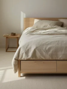 Japandi bedroom photographed in natural morning light