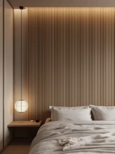 Japandi bedroom with a full accent wall of evenly spaced vertical raw oak timber slats