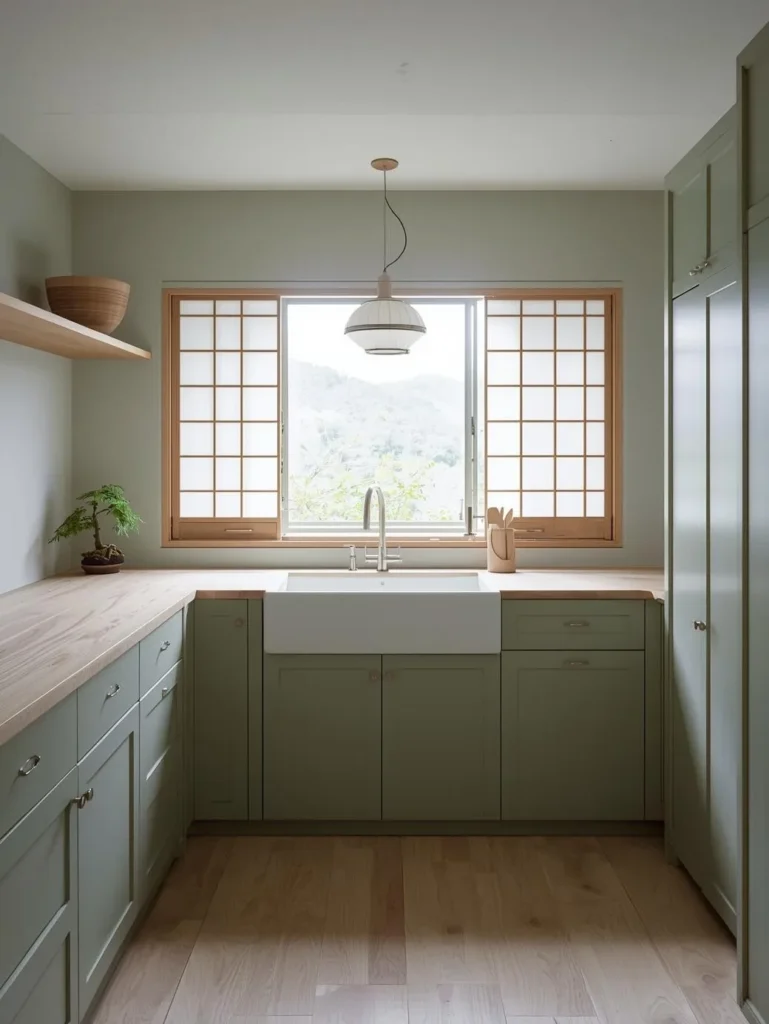 Japandi kitchen with handleless flat-front cabinetry