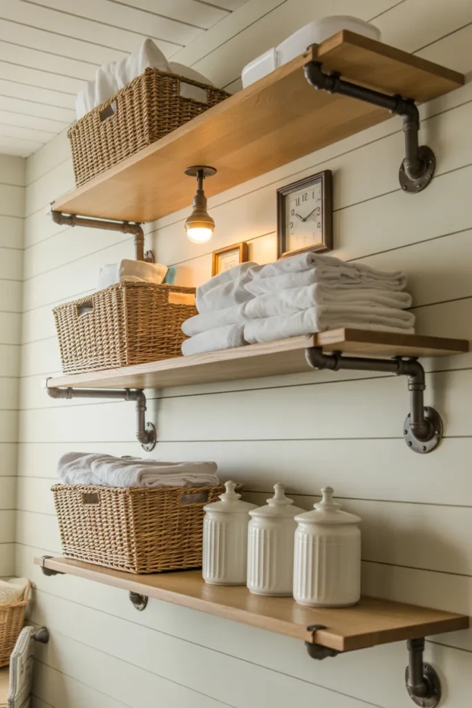 Laundry room wall with three black iron pipe-bracket shelves holding thick natural oak planks.