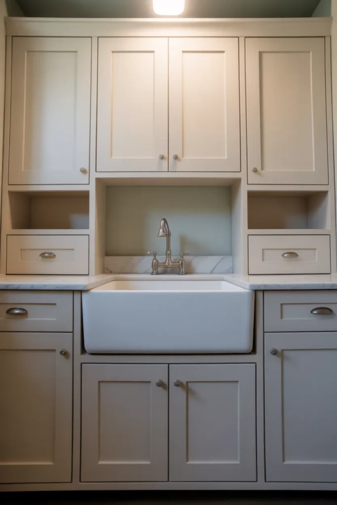 Laundry room with a deep white farmhouse utility sink