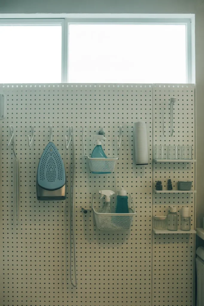 Laundry room with a large painted white pegboard covering one wall