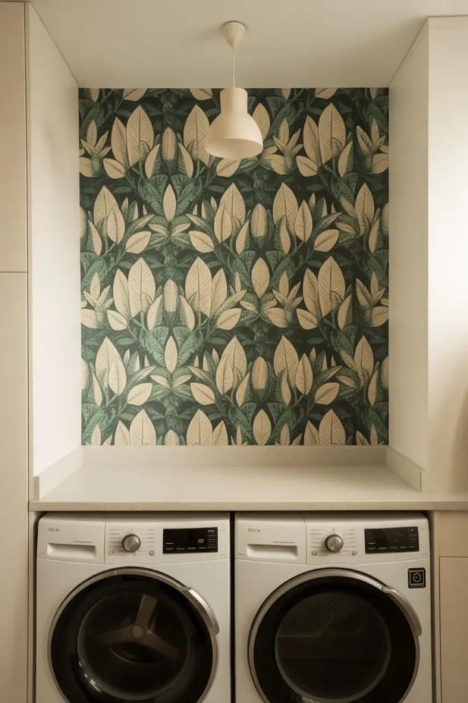Laundry room with a single feature wall behind the washer and dryer