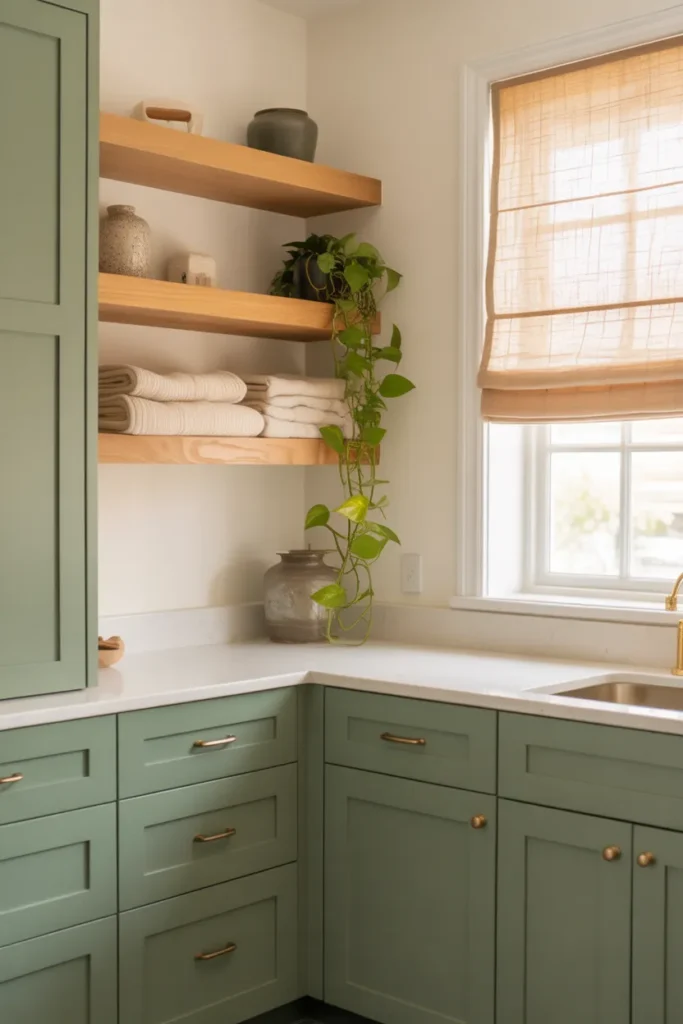 Laundry room with sage green lower shaker cabinetry