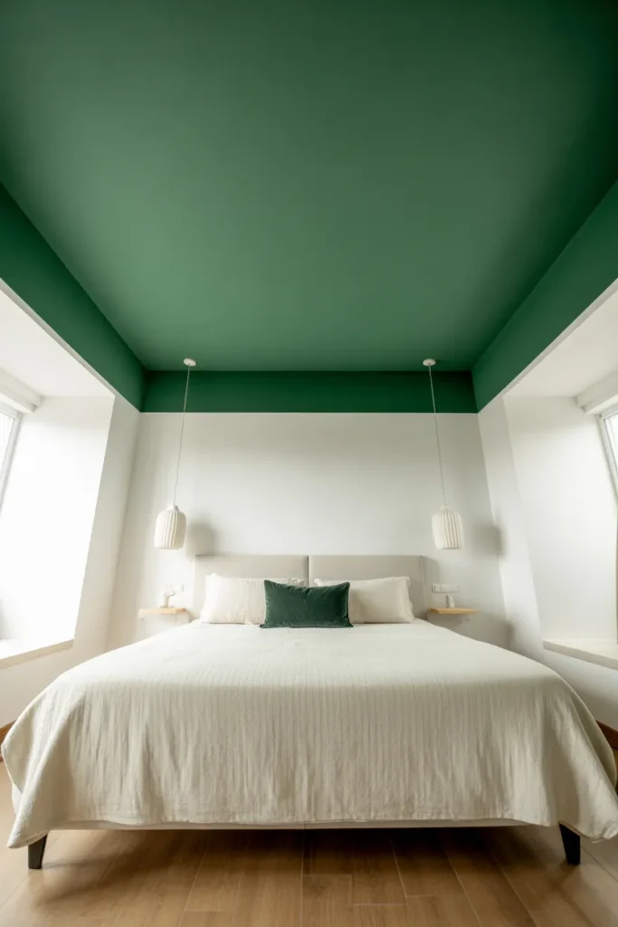 Matte deep forest green painted ceiling. All four walls bright white. Simple white linen bed, centered.