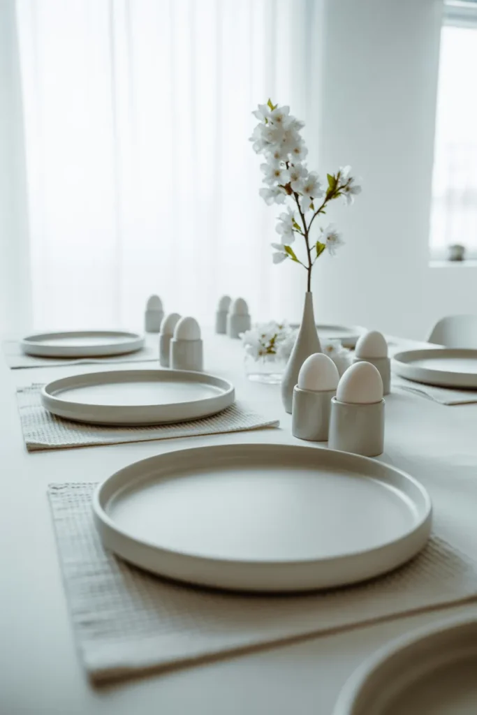 Matte white ceramic plates on a white linen tablecloth with subtle waffle texture