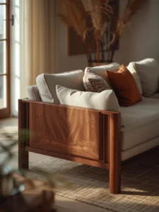 Modern sofa with exposed walnut wood frame