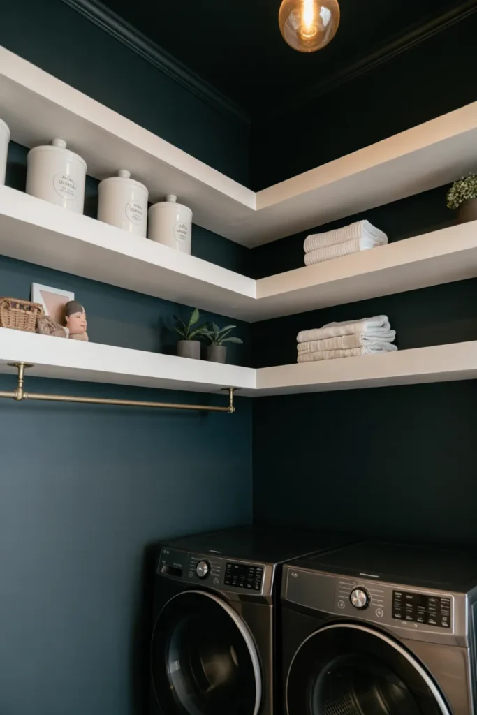Moody laundry room with deep charcoal walls and crisp white thick floating shelves