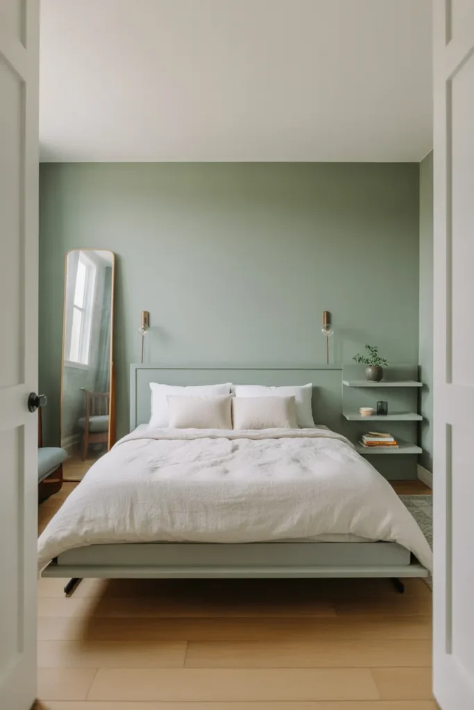 Murphy-style platform bed with built-in floating shelves on each side as nightstands. Soft sage green walls
