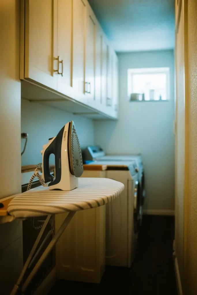 Narrow galley laundry room with a wall-mounted fold-down ironing board in the open position.