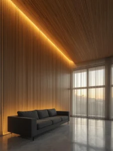 Natural warm oak wood slats running seamlessly from a living room