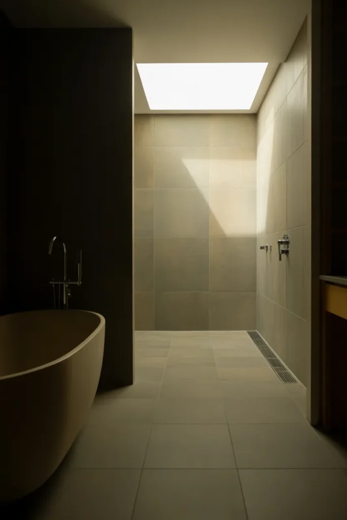 No shower enclosure — open shower zone at the far end with a single frameless glass panel