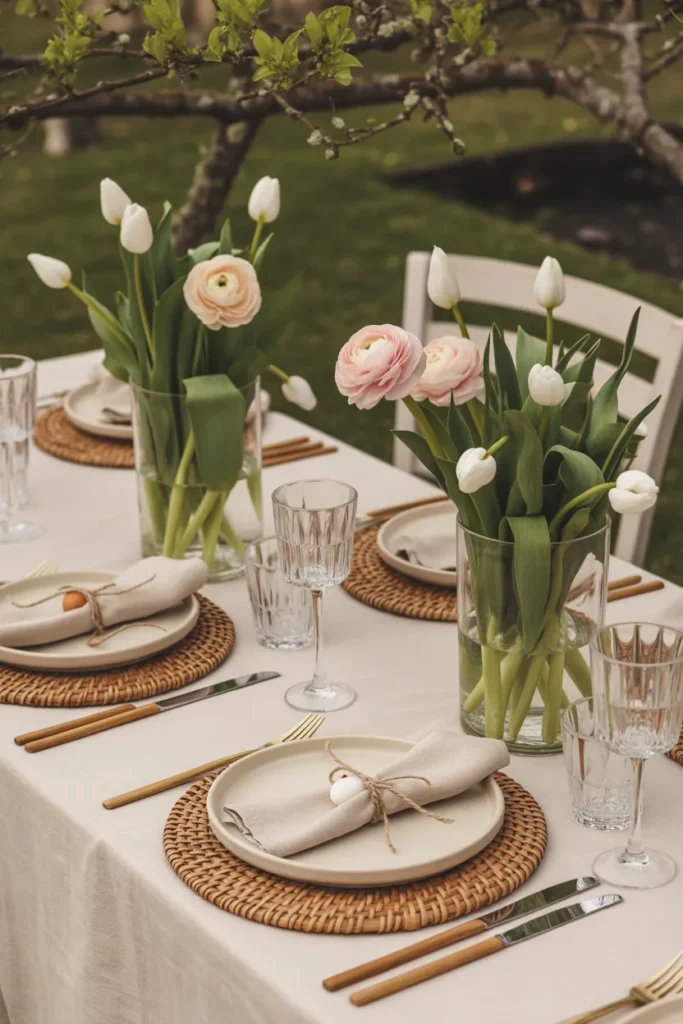 Outdoor Easter Party Table With Linen and Fresh Florals