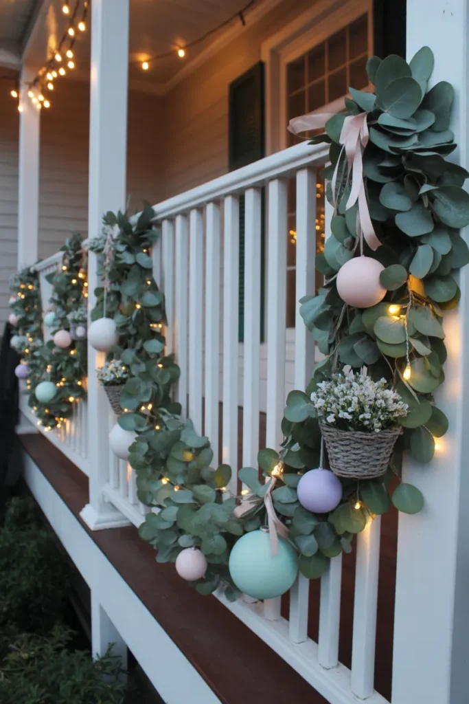Porch Railings With Egg Garlands and Pastel Ribbon