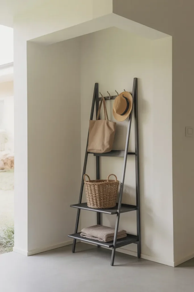 Powder-coated matte black metal ladder shelf leaning in corner