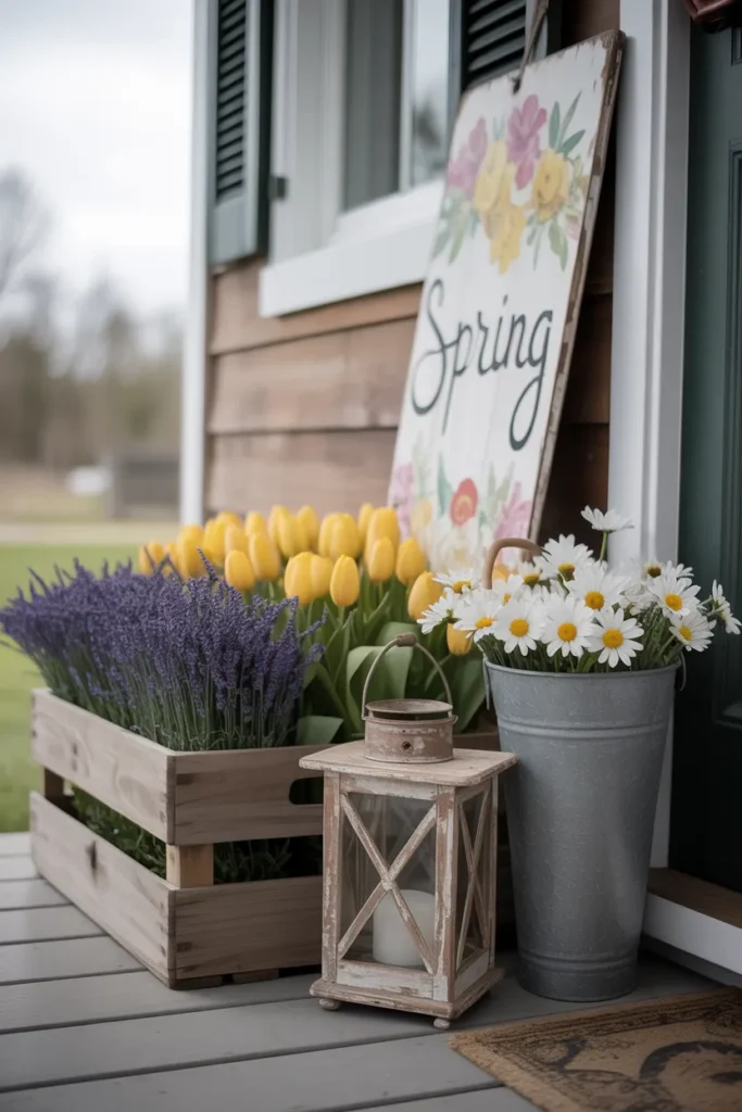 Rustic Porch Display With Wooden Crates and Wicker Baskets