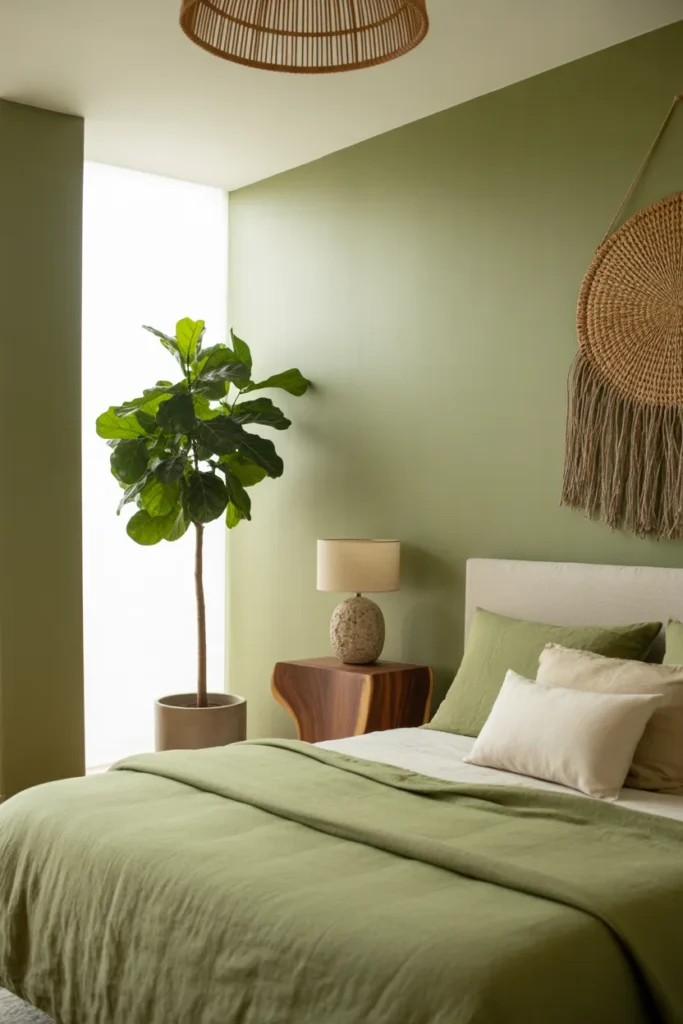 Sage green walls with warm white ceiling. Live-edge walnut wood nightstand. Stone-base table lamp