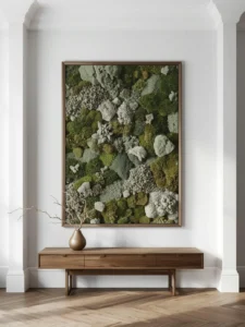 Scandinavian living room wall feature panel of preserved Nordic moss