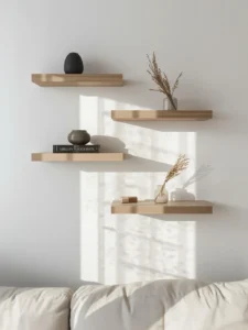 Scandinavian living room wall with four thick solid ash shelves