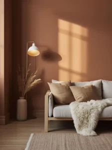 Scandinavian living room with full clay-painted walls