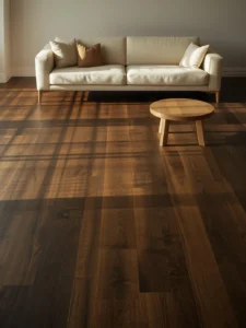 Scandinavian living room with wide-plank smoked oak flooring