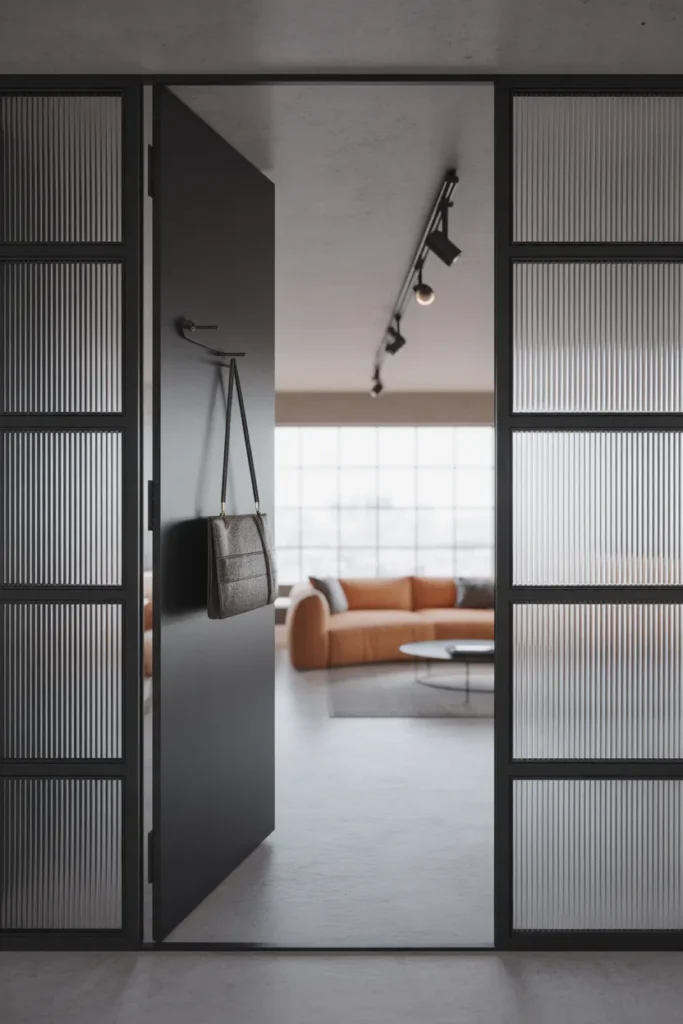Slim black steel-frame partition with fluted glass panels dividing entry from living area