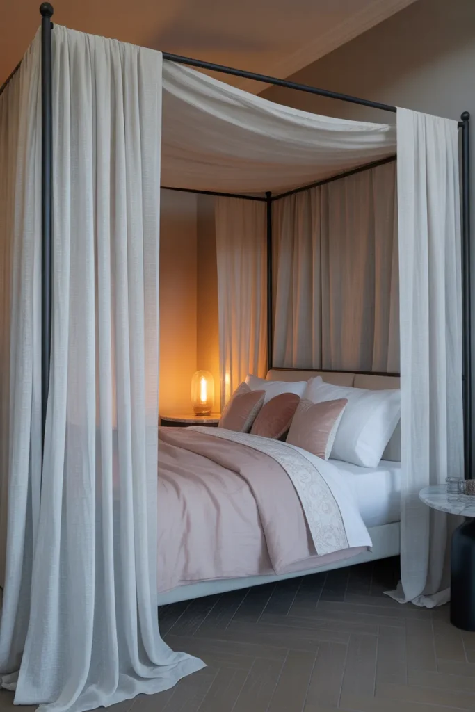 Slim matte black metal four-poster canopy frame