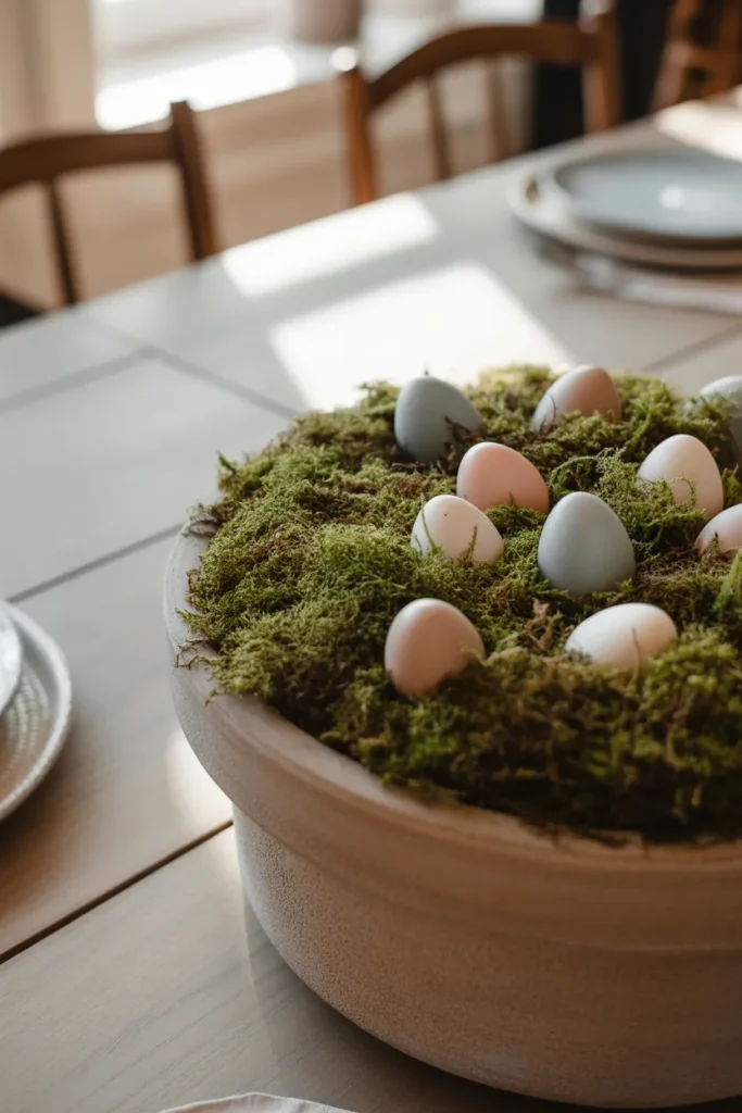 Small matte pastel Easter eggs in powder blue, blush pink, and ivory are nestled into the moss