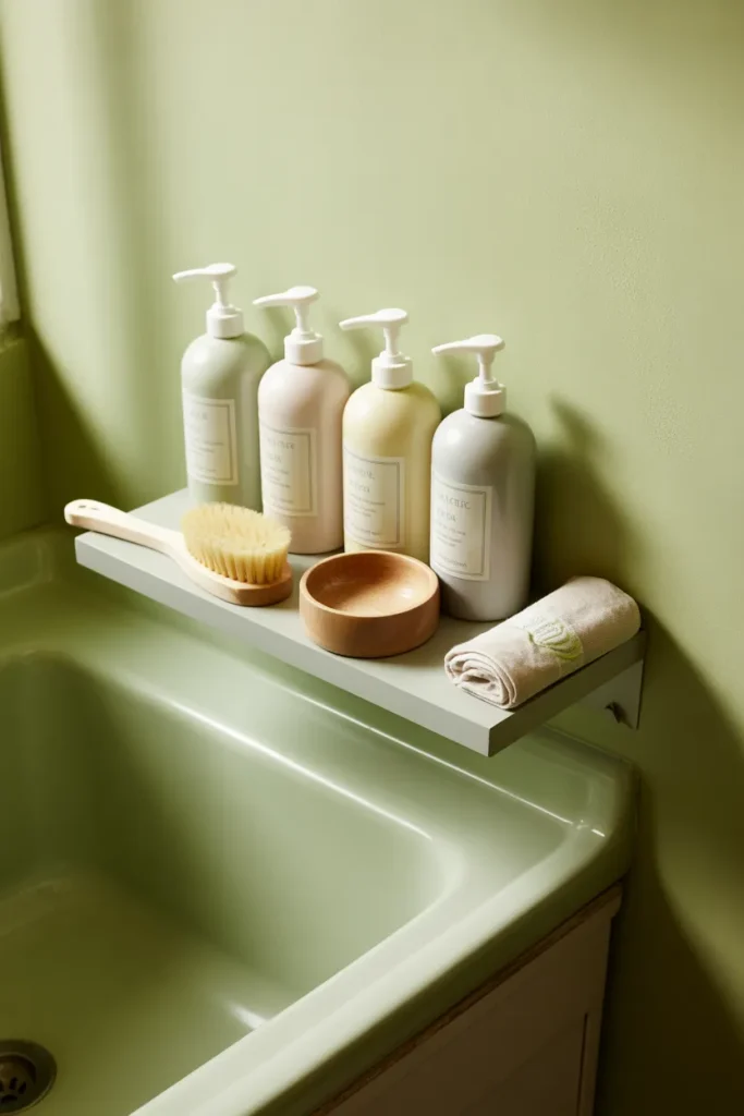 Small wall-mounted shelf above a white utility sink