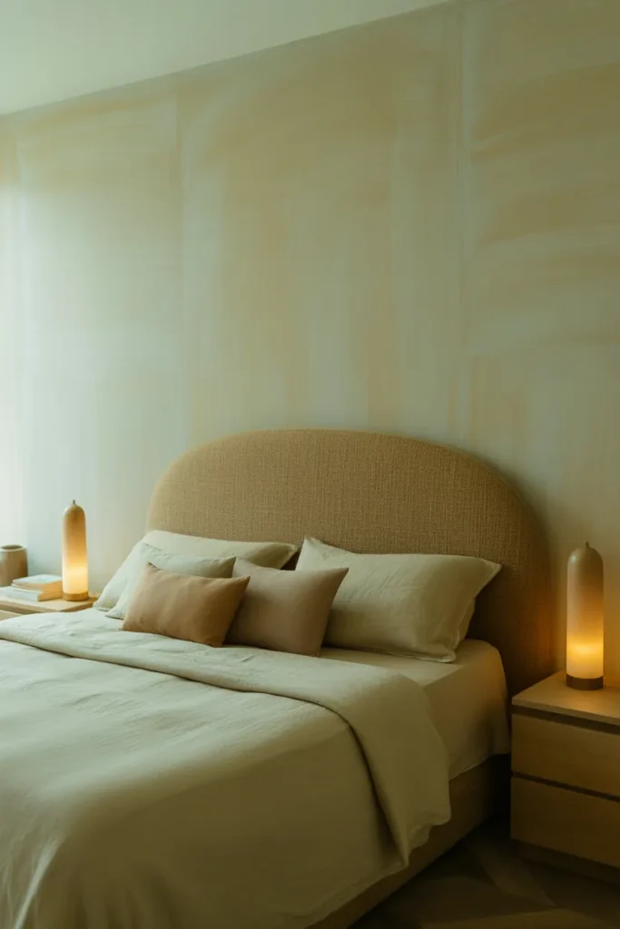 Soft low-arch upholstered headboard in warm oatmeal boucle fabric