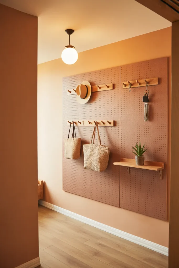 Soft terracotta-painted pegboard flush-mounted on warm white wall