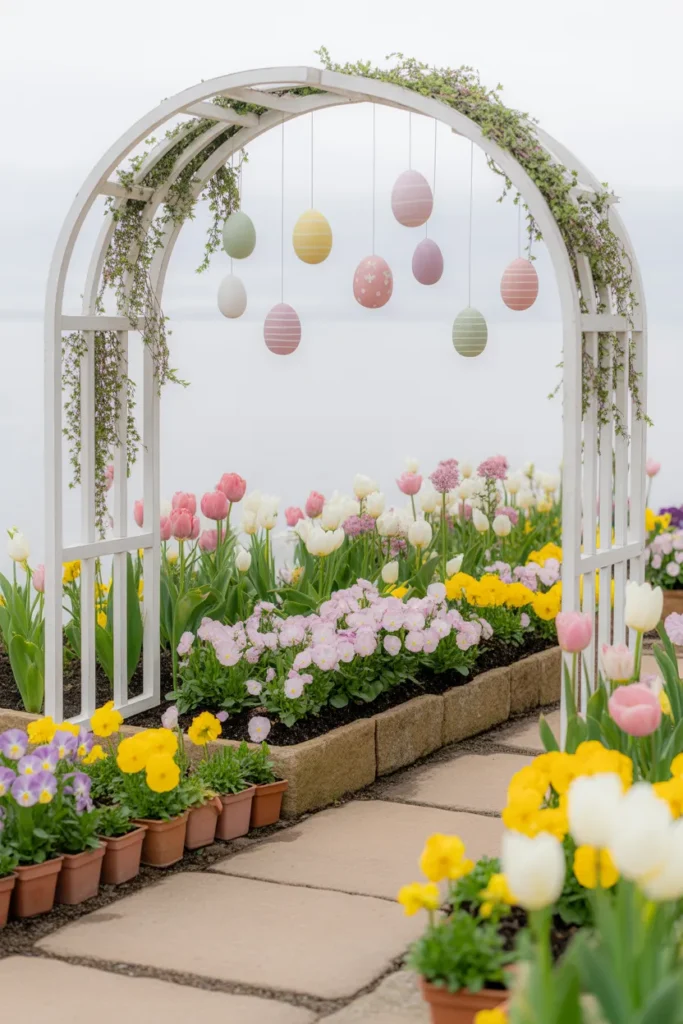 Spring Garden With Arches, Egg Ornaments, and Flower Beds