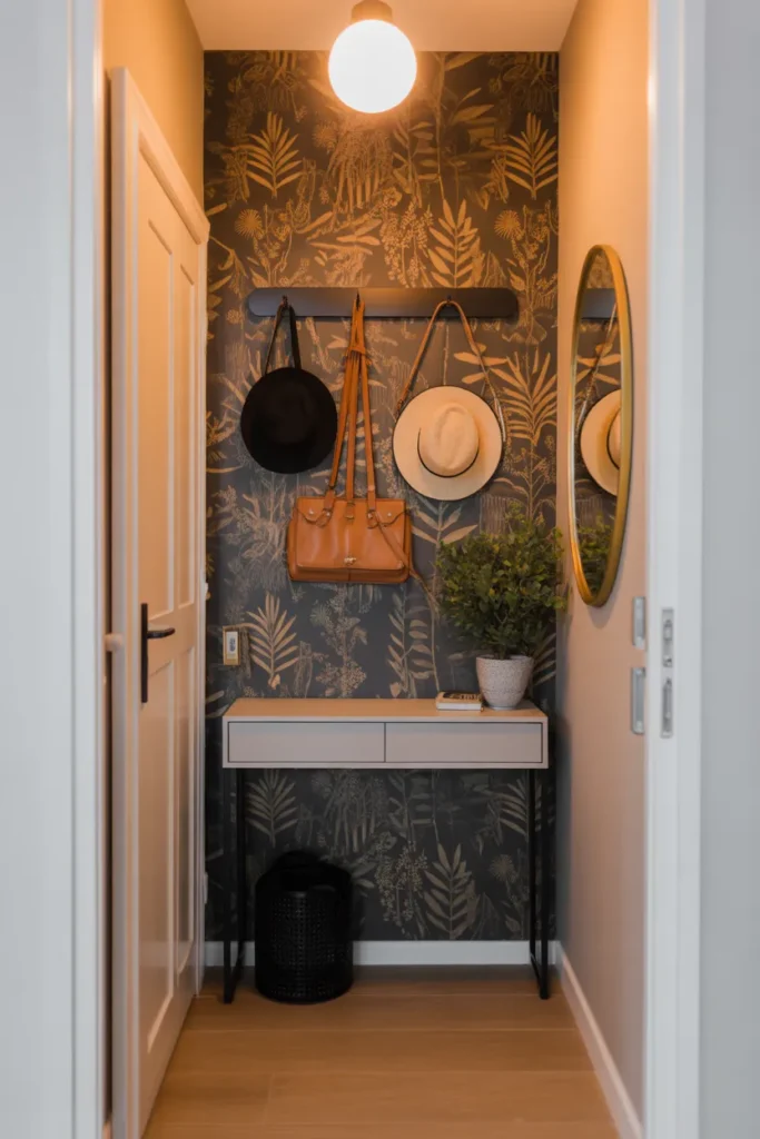 Statement Entryway With Wallpaper and Hooks