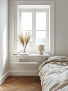 Symmetrical white floating bedside shelves mounted at window-sill height