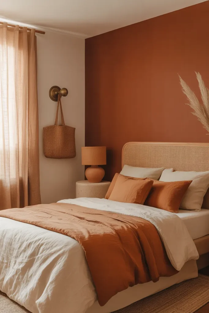 Terracotta accent wall behind bed. Cream and rust layered linen bedding. Simple natural rattan headboard