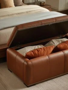 The foot-of-bed area of a styled bedroom