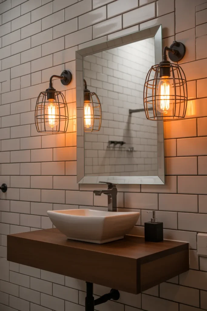 Two exposed filament bulb fixtures in black wire cage frames mounted on either side of a rectangular beveled mirror